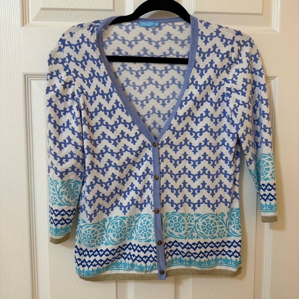 J.McLaughlin 3/4 Sleeve Geometric Cardigan Sweater Blue White Teal WM Medium EUC